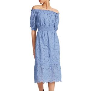 Betsey Johnson White Eyelet Midi Dress L Smocked Waist On/Off Puff Sleeves